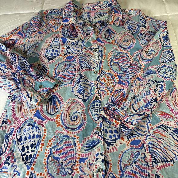 Lilly Pulitzer Shell Me About It Button Down Tunic Pink Blue Pockets Large - Picture 2 of 12